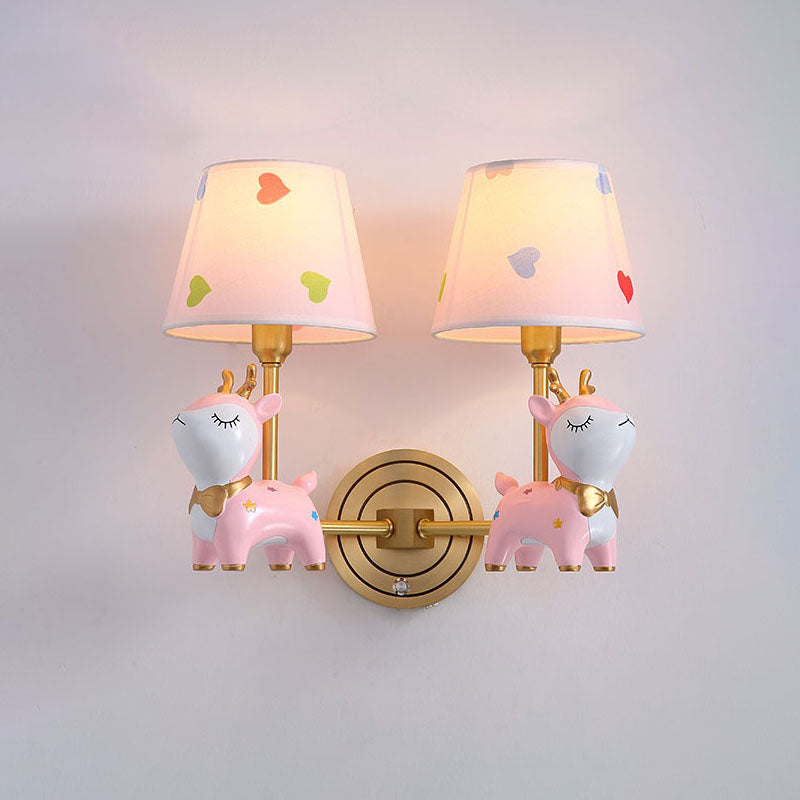 Kids Deer Wall Mount Light, Resin Child Room Lighting with Pink Fabric Shade