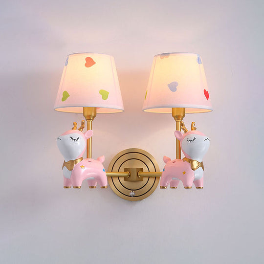 Kids Deer Wall Mount Light, Resin Child Room Lighting with Pink Fabric Shade