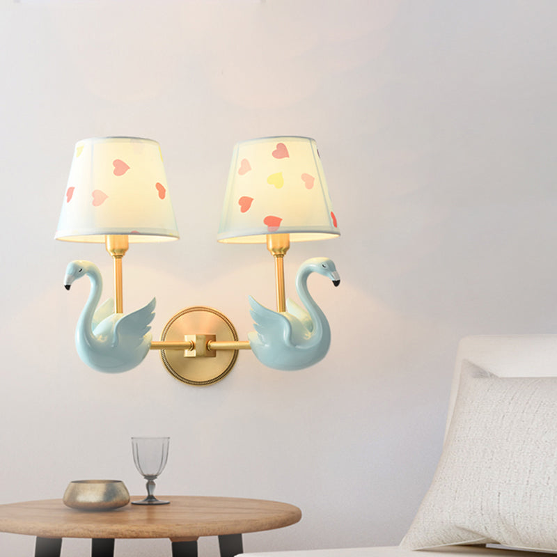 Patterned Fabric Kids Wall Lamp with Swan Design - Empire Shade Bedside Wall Light