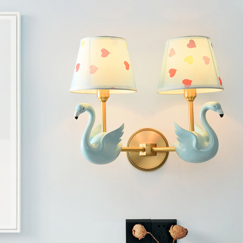 Patterned Fabric Kids Wall Lamp with Swan Design - Empire Shade Bedside Wall Light