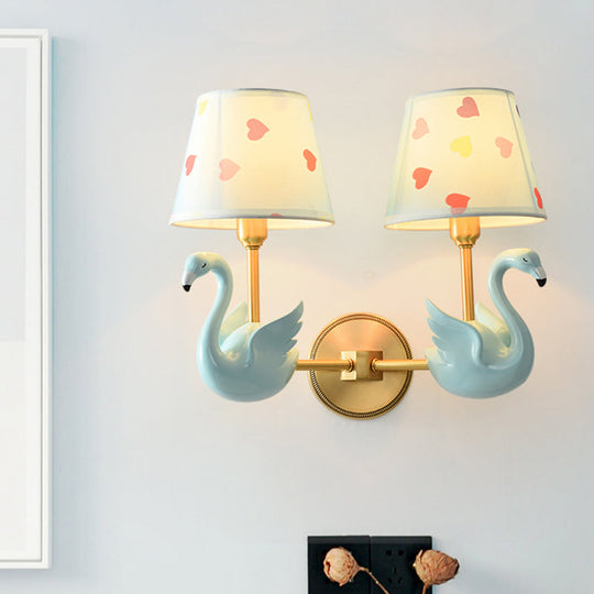 Patterned Fabric Kids Wall Lamp with Swan Design - Empire Shade Bedside Wall Light