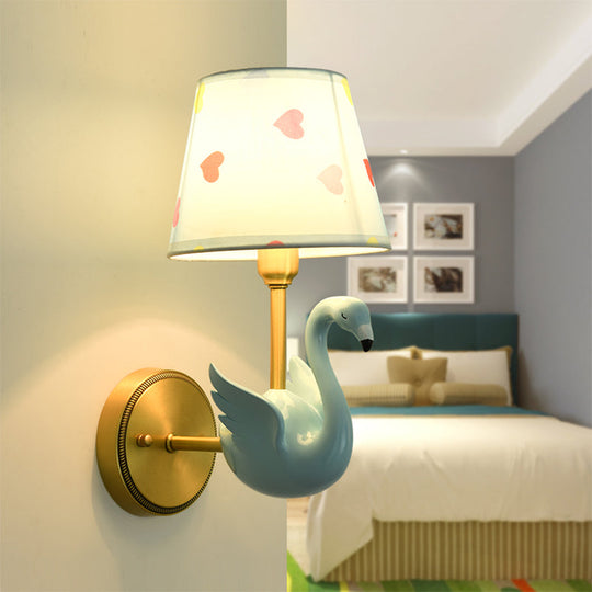 Patterned Fabric Kids Wall Lamp with Swan Design - Empire Shade Bedside Wall Light