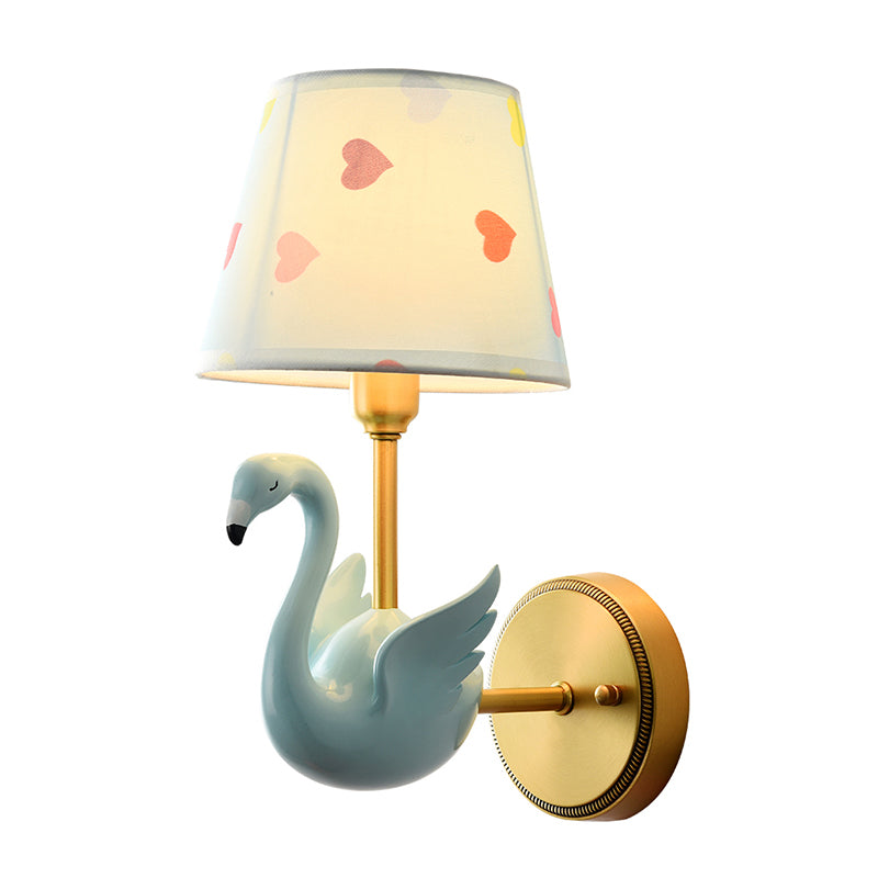 Patterned Fabric Kids Wall Lamp with Swan Design - Empire Shade Bedside Wall Light