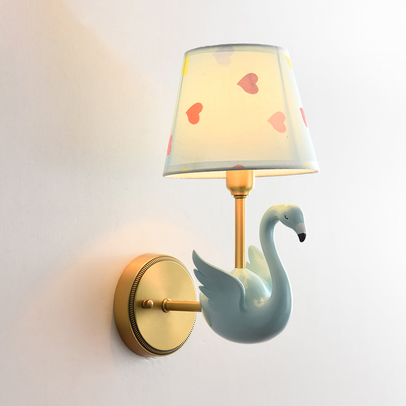 Patterned Fabric Kids Wall Lamp with Swan Design - Empire Shade Bedside Wall Light