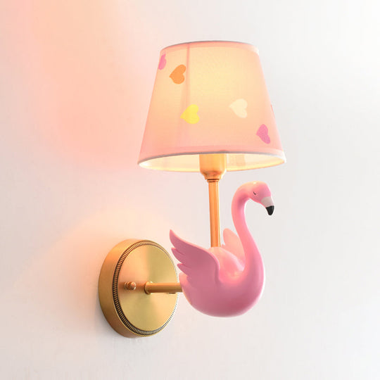 Patterned Fabric Kids Wall Lamp with Swan Design - Empire Shade Bedside Wall Light