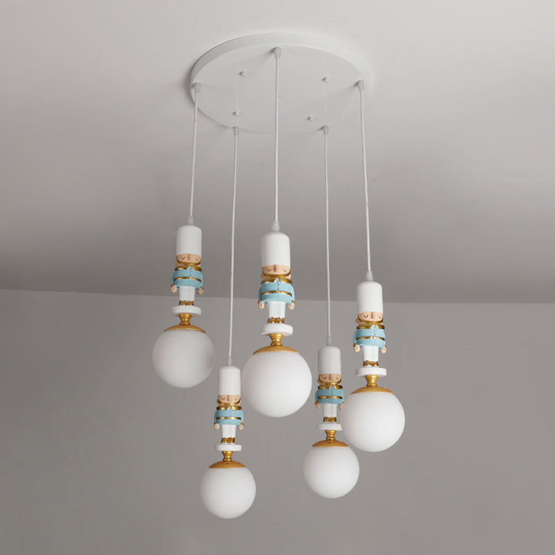 Kids Multi-Light Pendant with Cream Glass Sphere Shade & Decorative Figurine – Bedroom Ceiling Light