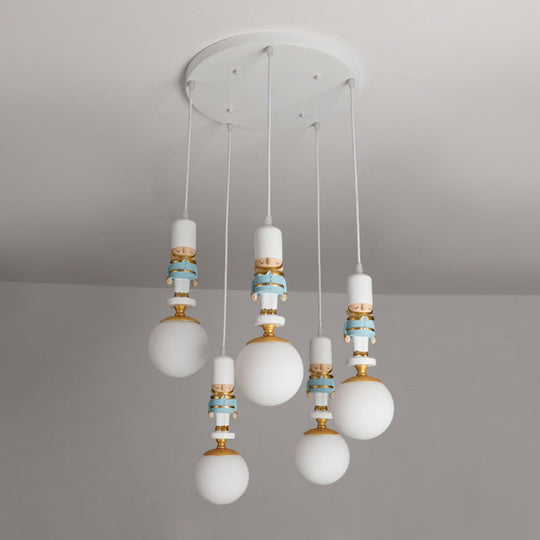 Kids Multi-Light Pendant with Cream Glass Sphere Shade & Decorative Figurine – Bedroom Ceiling Light