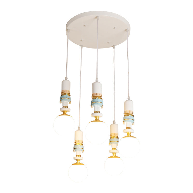 Kids Multi-Light Pendant with Cream Glass Sphere Shade & Decorative Figurine – Bedroom Ceiling Light