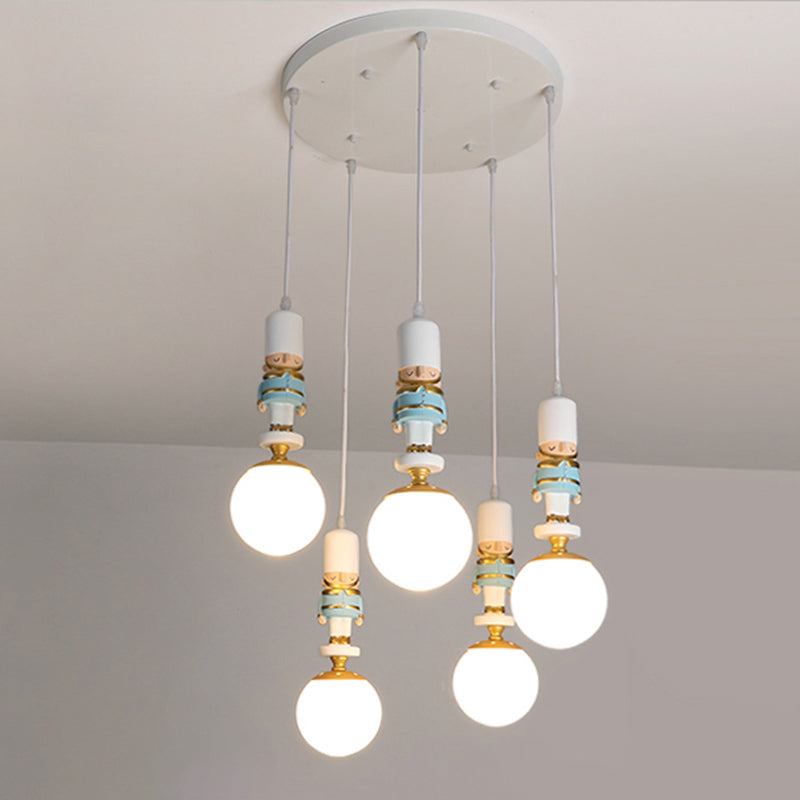 Kids Multi-Light Pendant with Cream Glass Sphere Shade & Decorative Figurine – Bedroom Ceiling Light