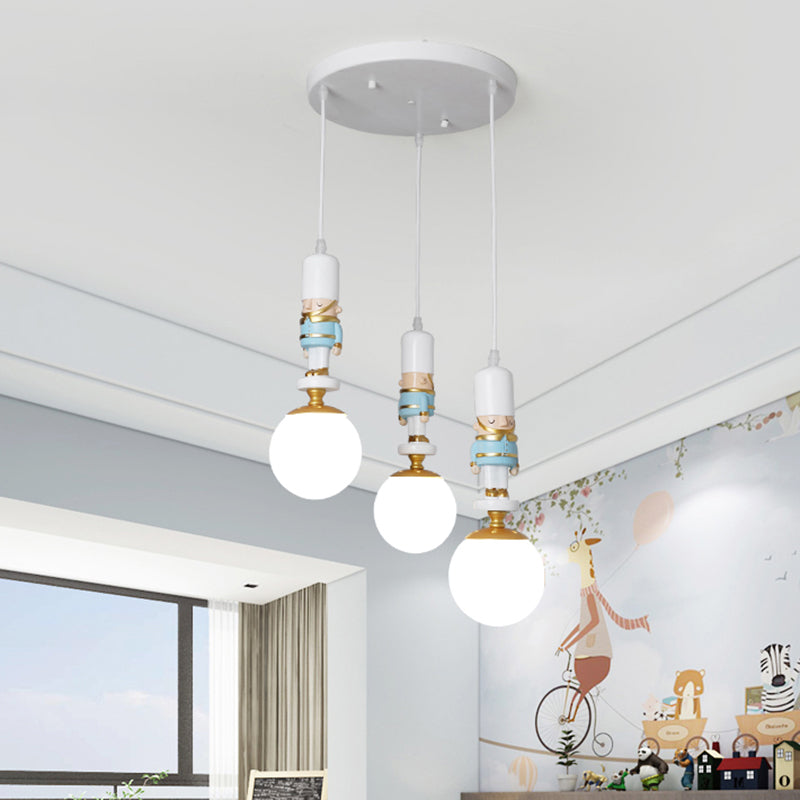 Kids Multi-Light Pendant with Cream Glass Sphere Shade & Decorative Figurine – Bedroom Ceiling Light