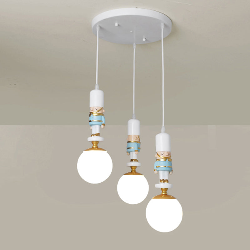 Kids Multi-Light Pendant with Cream Glass Sphere Shade & Decorative Figurine – Bedroom Ceiling Light