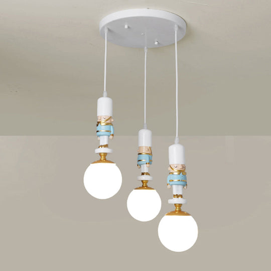 Kids Multi-Light Pendant with Cream Glass Sphere Shade & Decorative Figurine – Bedroom Ceiling Light