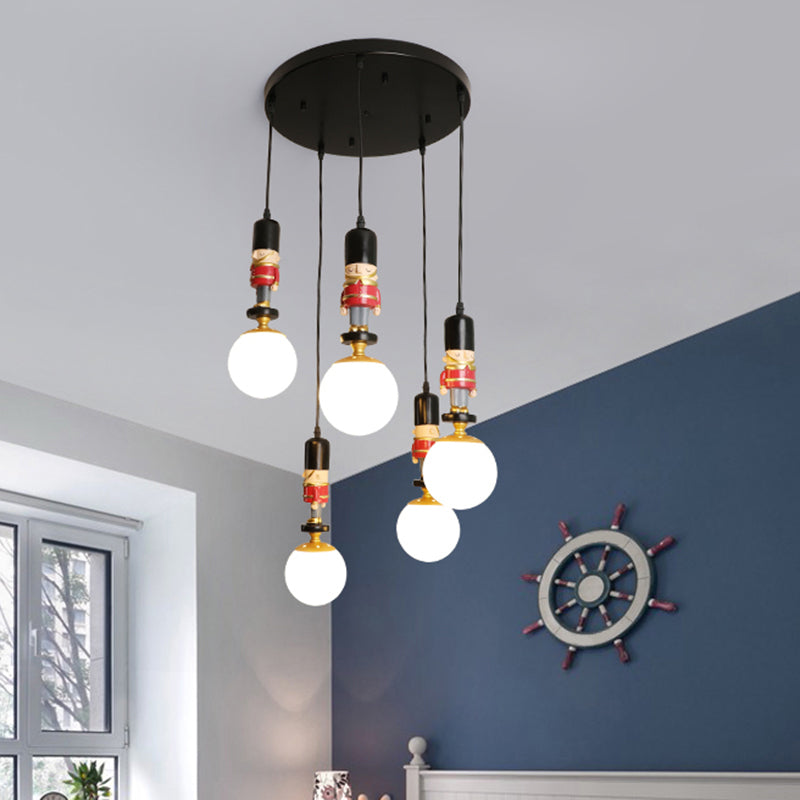 Kids Multi-Light Pendant with Cream Glass Sphere Shade & Decorative Figurine – Bedroom Ceiling Light