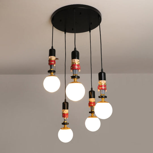 Kids Multi-Light Pendant with Cream Glass Sphere Shade & Decorative Figurine – Bedroom Ceiling Light