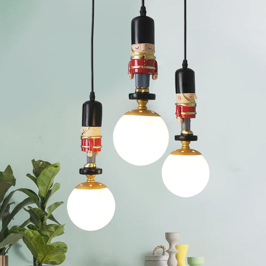 Kids Multi-Light Pendant with Cream Glass Sphere Shade & Decorative Figurine – Bedroom Ceiling Light