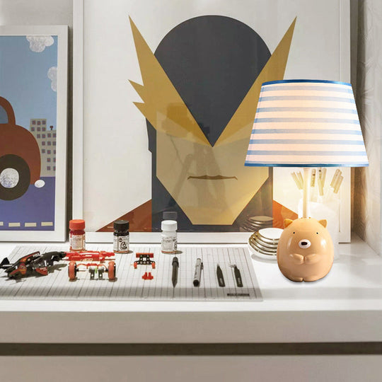 Kids Bear Nightstand Lamp - Resin Base, Tapered Fabric Shade, Apricot Color