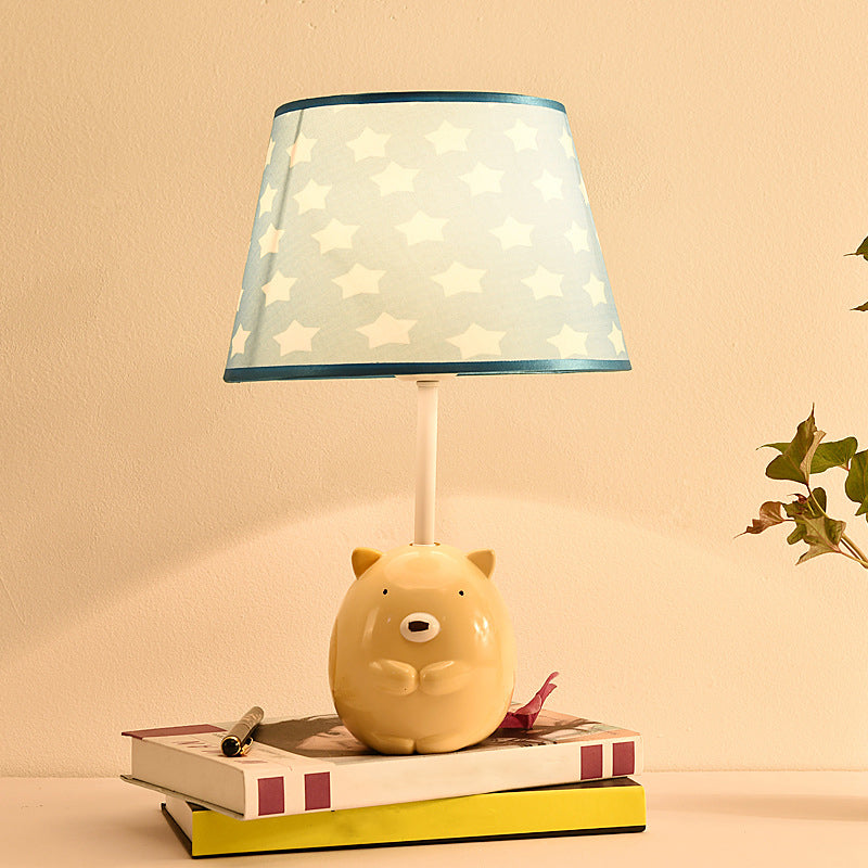 Kids Bear Nightstand Lamp - Resin Base, Tapered Fabric Shade, Apricot Color