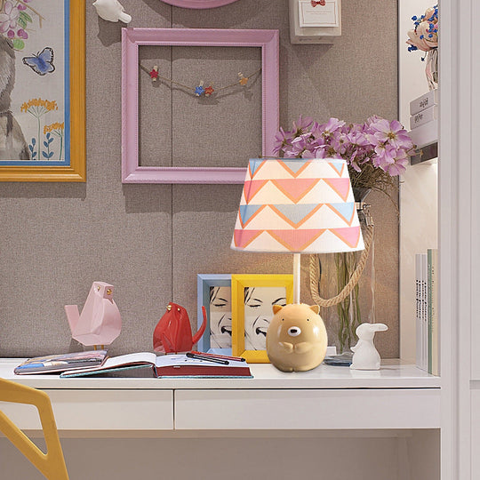 Kids Bear Nightstand Lamp - Resin Base, Tapered Fabric Shade, Apricot Color