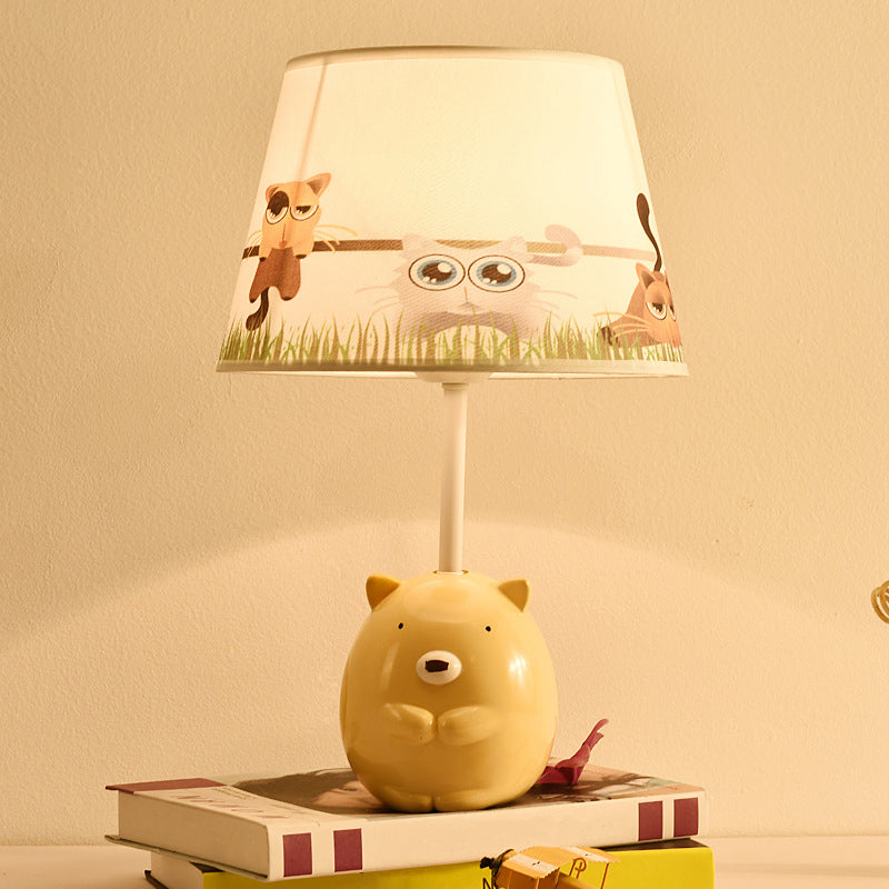 Kids Bear Nightstand Lamp - Resin Base, Tapered Fabric Shade, Apricot Color