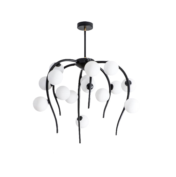 Modern Black/Gold Iron Branch Chandelier with Matte White Balls - 15/20-Light Dining Room Hanging Lamp
