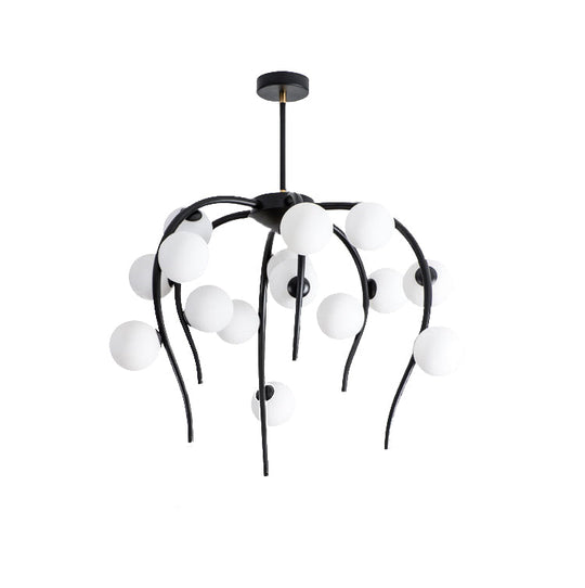 Modern Black/Gold Iron Branch Chandelier with Matte White Balls - 15/20-Light Dining Room Hanging Lamp