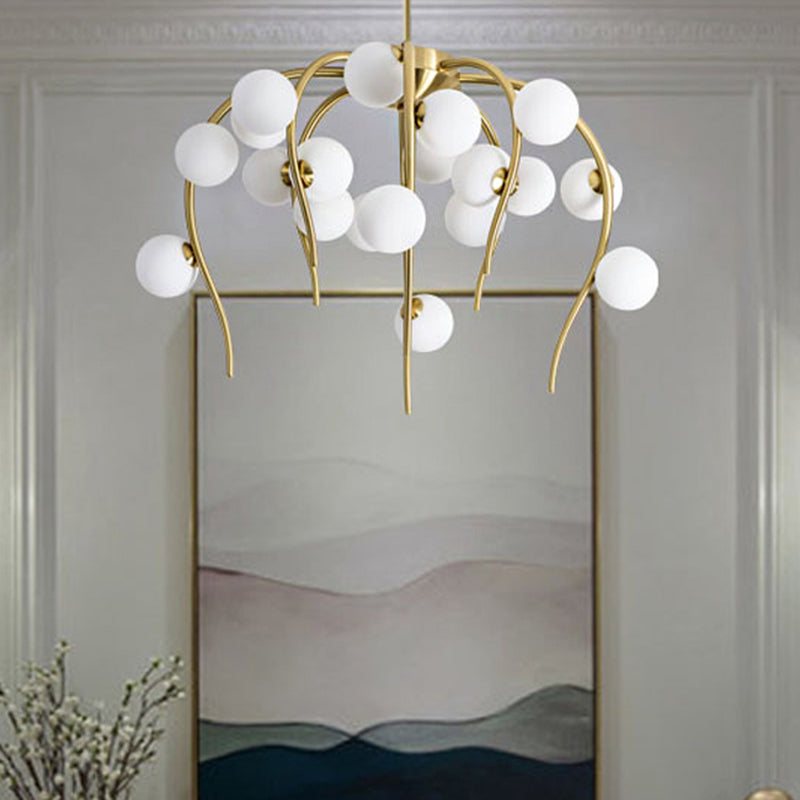 Modern Black/Gold Iron Branch Chandelier with Matte White Balls - 15/20-Light Dining Room Hanging Lamp