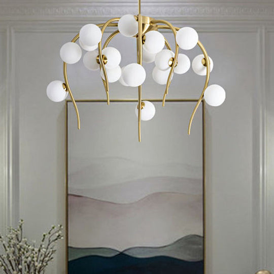 Modern Black/Gold Iron Branch Chandelier with Matte White Balls - 15/20-Light Dining Room Hanging Lamp