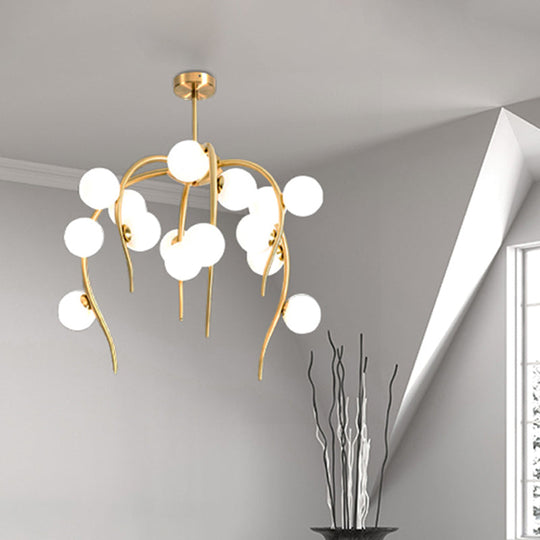 Modern Black/Gold Iron Branch Chandelier with Matte White Balls - 15/20-Light Dining Room Hanging Lamp