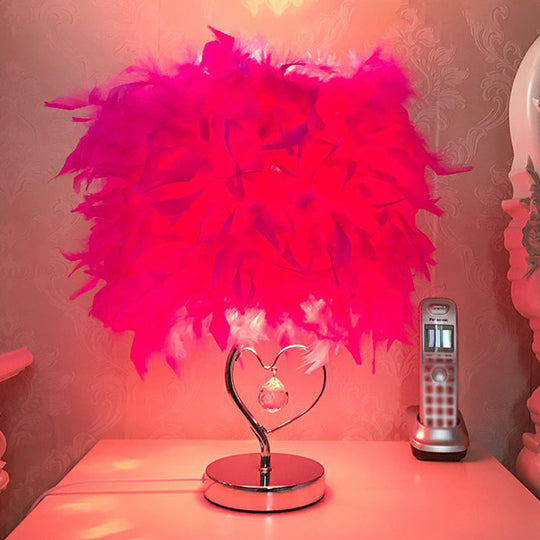 Modern Feather Bedroom Lamp: Cylindrical Nightstand Table Light with Crystal Drip