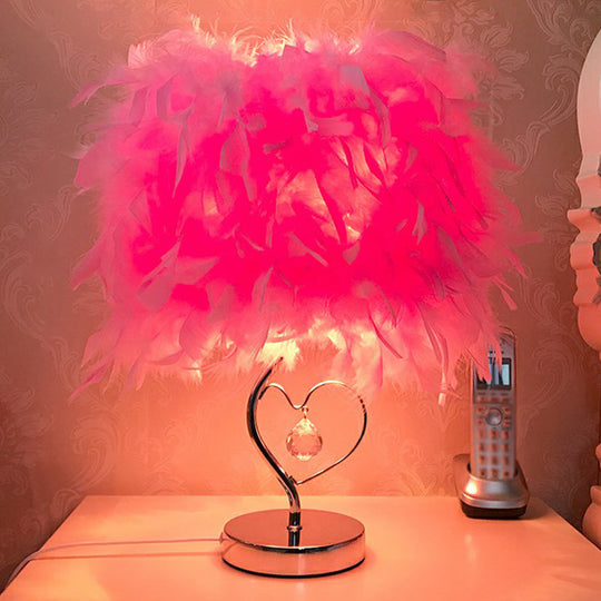 Modern Feather Bedroom Lamp: Cylindrical Nightstand Table Light with Crystal Drip