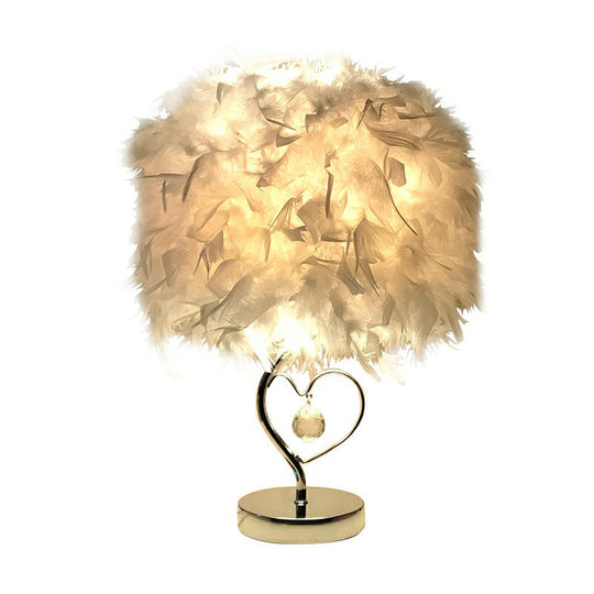 Modern Feather Bedroom Lamp: Cylindrical Nightstand Table Light with Crystal Drip