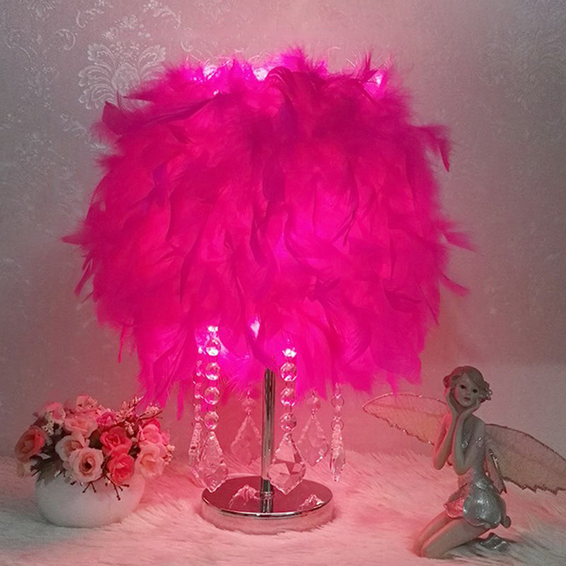 Modern Feather Bedroom Lamp: Cylindrical Nightstand Table Light with Crystal Drip