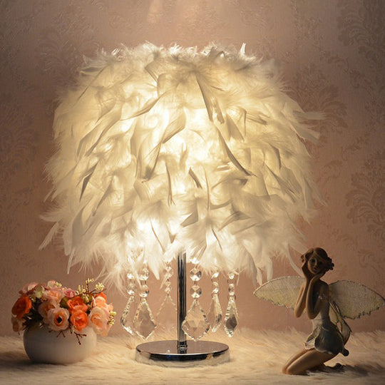 Modern Feather Bedroom Lamp: Cylindrical Nightstand Table Light with Crystal Drip