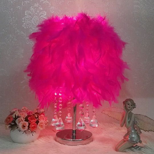 Modern Feather Bedroom Lamp: Cylindrical Nightstand Table Light with Crystal Drip