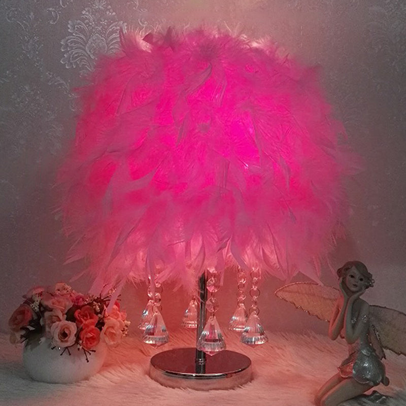 Modern Feather Bedroom Lamp: Cylindrical Nightstand Table Light with Crystal Drip