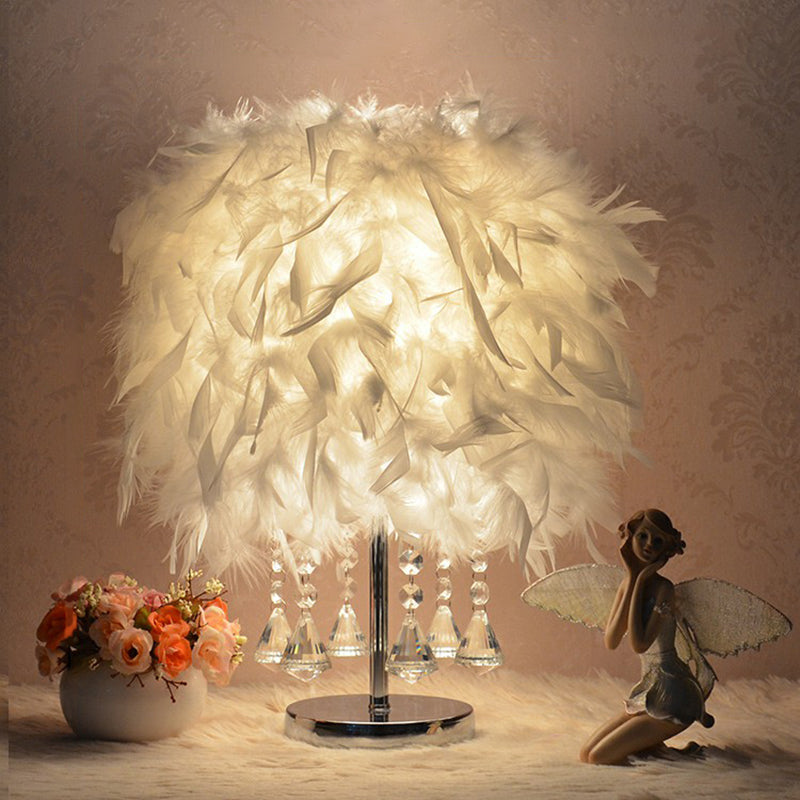 Modern Feather Bedroom Lamp: Cylindrical Nightstand Table Light with Crystal Drip