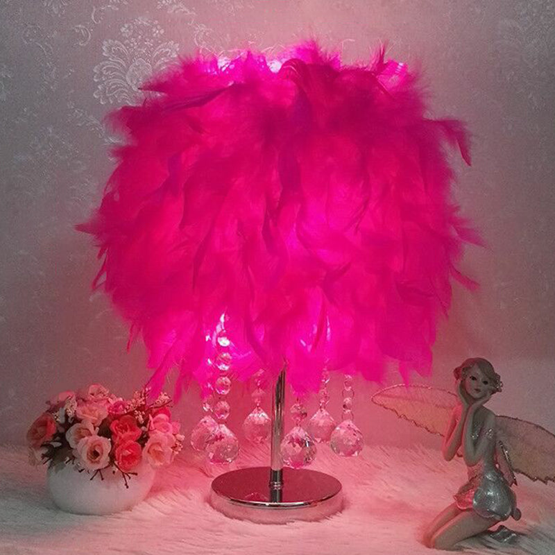 Modern Feather Bedroom Lamp: Cylindrical Nightstand Table Light with Crystal Drip