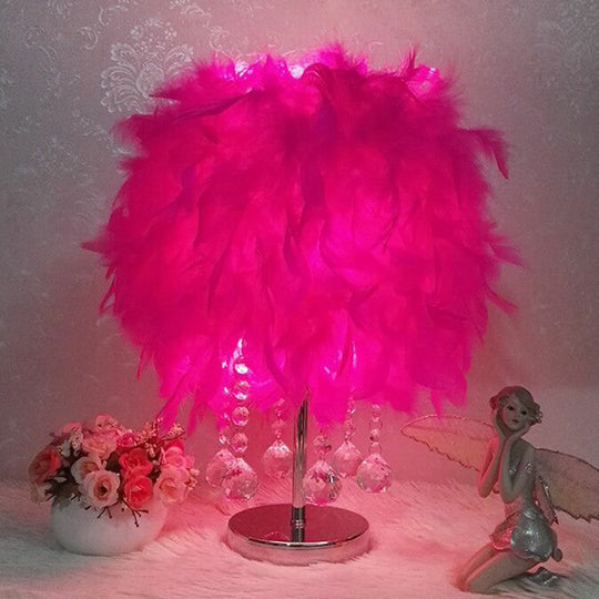 Modern Feather Bedroom Lamp: Cylindrical Nightstand Table Light with Crystal Drip