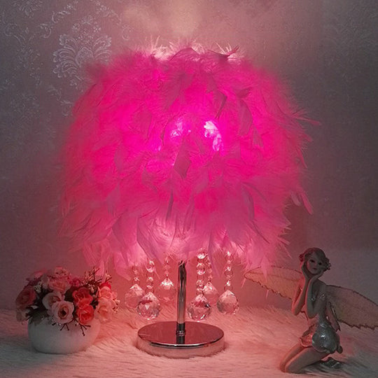 Modern Feather Bedroom Lamp: Cylindrical Nightstand Table Light with Crystal Drip