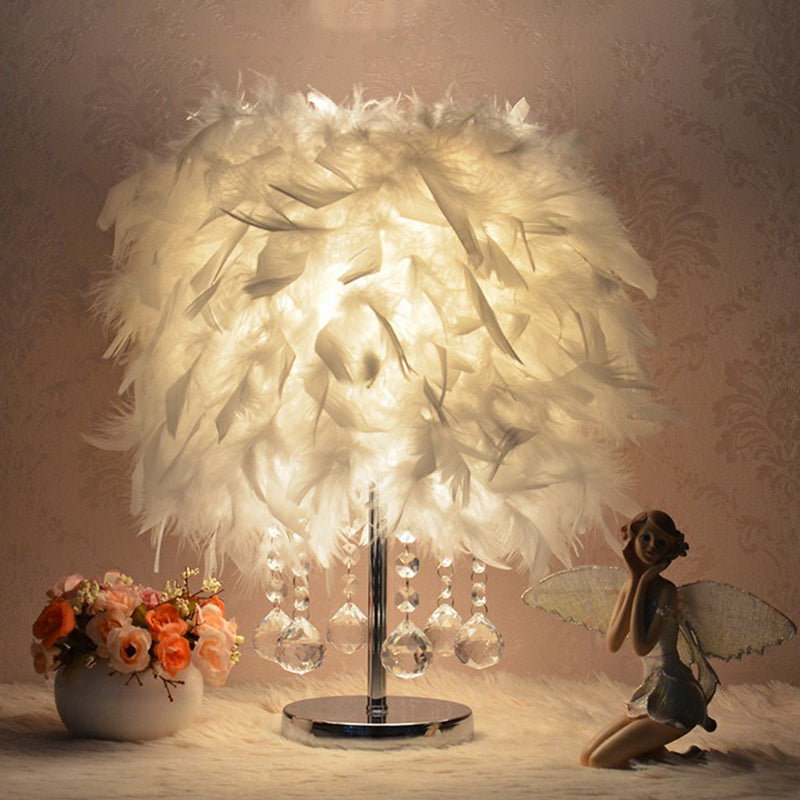 Modern Feather Bedroom Lamp: Cylindrical Nightstand Table Light with Crystal Drip