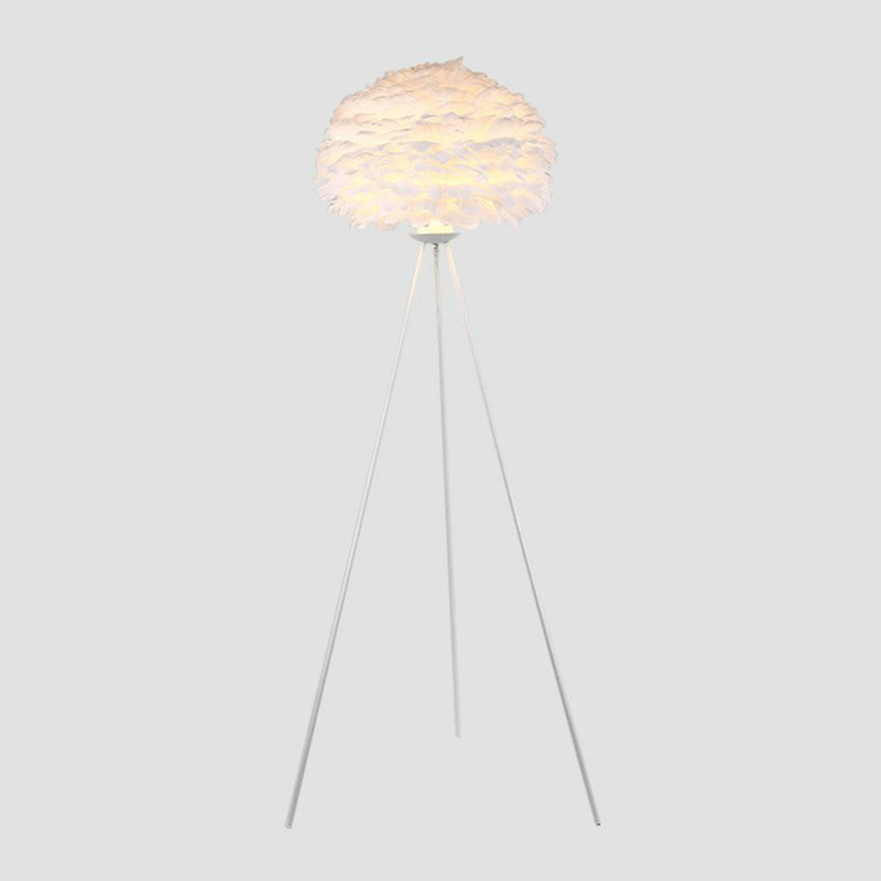 Nordic Style Tripod Floor Lamp with Feather Shade, Metal Stand, White
