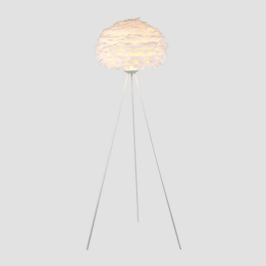 Nordic Style Tripod Floor Lamp with Feather Shade, Metal Stand, White