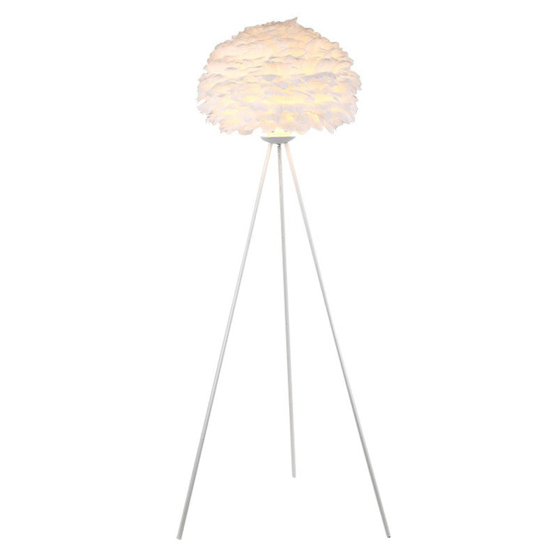 Nordic Style Tripod Floor Lamp with Feather Shade, Metal Stand, White