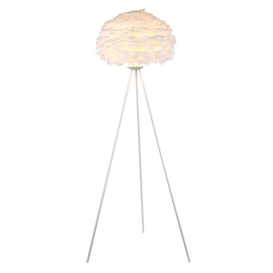 Nordic Style Tripod Floor Lamp with Feather Shade, Metal Stand, White