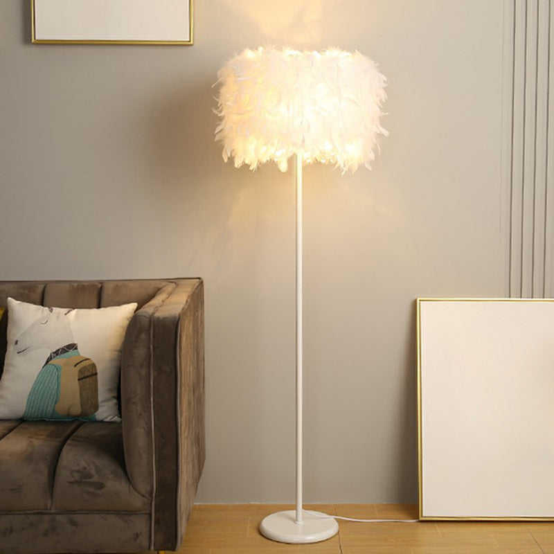White Drum Shade Feather Standing Floor Lamp - Minimalistic Design with 1 Bulb for Living Room
