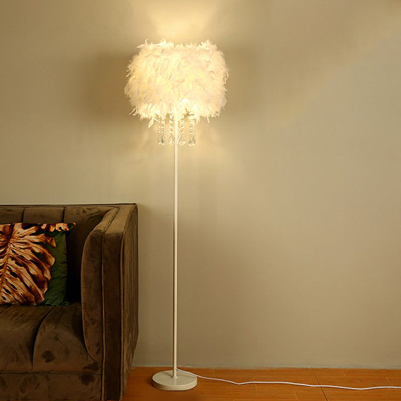 White Drum Shade Feather Standing Floor Lamp - Minimalistic Design with 1 Bulb for Living Room