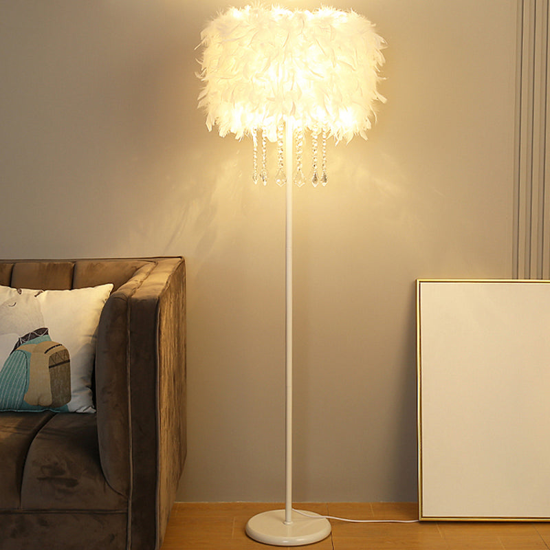 White Drum Shade Feather Standing Floor Lamp - Minimalistic Design with 1 Bulb for Living Room