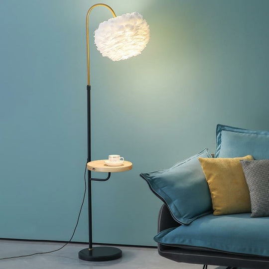 Feathered Minimalist Living Room Floor Lamp with Tray - Single-Bulb Standing Lighting