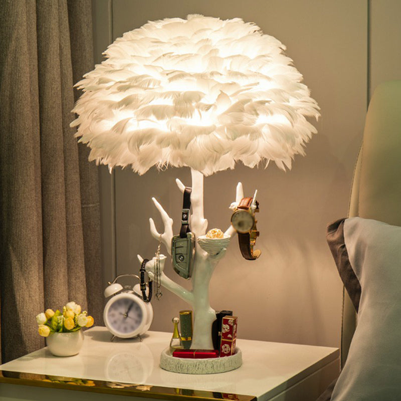 Feather Shade Resin Table Lamp: Artistic Tree Branch Design, Ideal for Living Room Nightstands, White