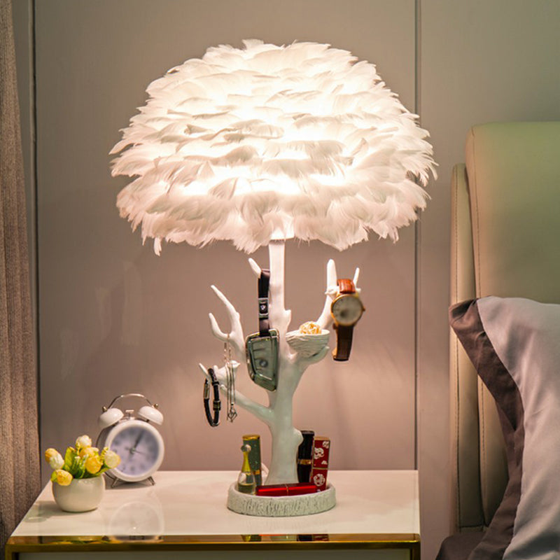Feather Shade Resin Table Lamp: Artistic Tree Branch Design, Ideal for Living Room Nightstands, White